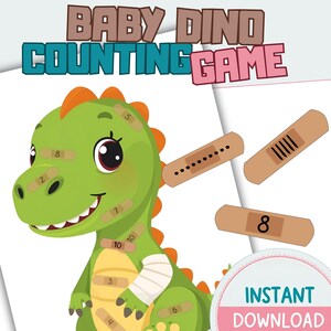 May include: A green cartoon dinosaur with orange spikes and bandages, part of a "Baby Dino Counting Game". The game includes bandages with numbers and dots for counting practice. The words "Baby Dino Counting Game" are at the top.