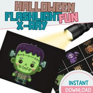 Op de afbeelding: Een zwarte zaklamp werpt een gele lichtstraal op een donkere kaart met een groen cartoonmonster met een skeletlichaam. De tekst HALLOWEEN FLASHLIGHT FUN X-RAY staat bovenaan en een ronde INSTANT DOWNLOAD-badge staat onderaan.