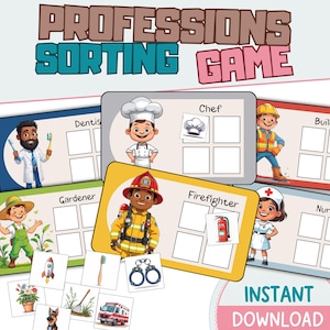 Peut inclure: Un jeu de tri des professions coloré avec des illustrations de diverses professions telles que dentiste, chef, pompier et infirmière. Le jeu comprend des cartes avec des images d'outils et d'objets associés à chaque profession. Le texte "PROFESSIONS SORTING GAME" est en haut.