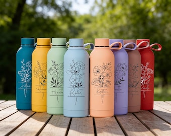 Personalized Birth Flower Water Bottle Engraved Tumbler with Name Bridesmaid Gifts Christmas Gifts for Mom Bridesmaid Proposal Gift for Her