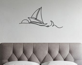 Décoration murale en métal pour voilier, dessin au trait minimaliste, design de bateau et de coucher de soleil, décoration murale en métal côtière moderne pour le salon, la chambre ou le bureau