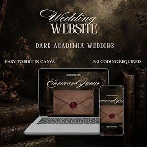 May include: A digital wedding website template displayed on a laptop and smartphone screen. The design features a brown envelope with a red wax seal and the text A LOVE LETTER FROM Emma and James. The interface includes the text WEDDING WEBSITE.