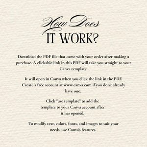 May include: An instructional graphic on a textured off-white background with the black text: How Does IT WORK? Download the PDF file that came with your order after making a purchase. A clickable link in this PDF will take you straight to your Canva template.