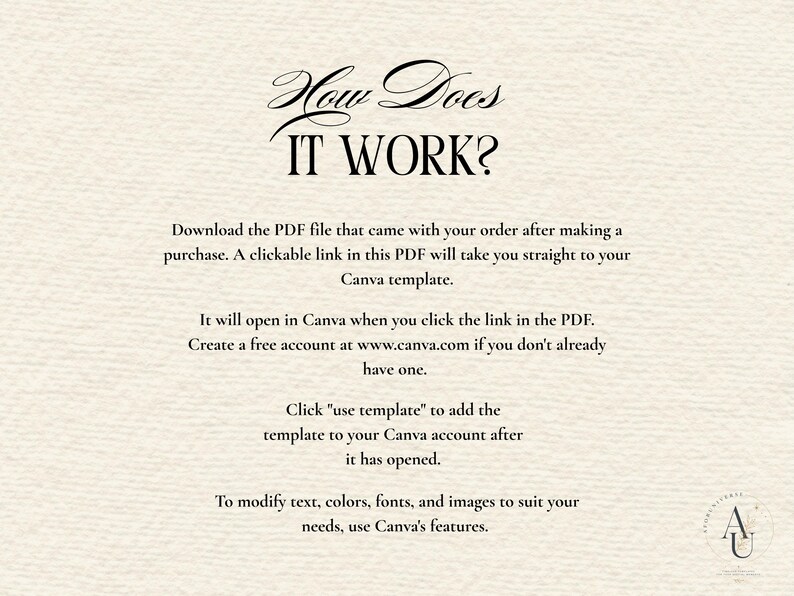 May include: An instructional graphic on a textured off-white background with the black text: How Does IT WORK? Download the PDF file that came with your order after making a purchase. A clickable link in this PDF will take you straight to your Canva template.