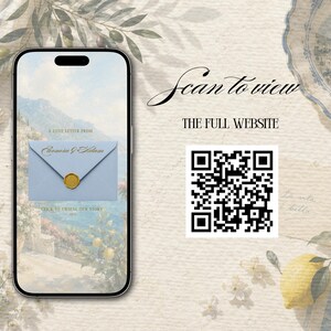 May include: A smartphone displaying a light blue envelope with a gold wax seal and the text A LOVE LETTER FROM and CLICK TO CRYSTAL OUR STORY, alongside a QR code with the text Scan to view THE FULL WEBSITE on a textured cream background.