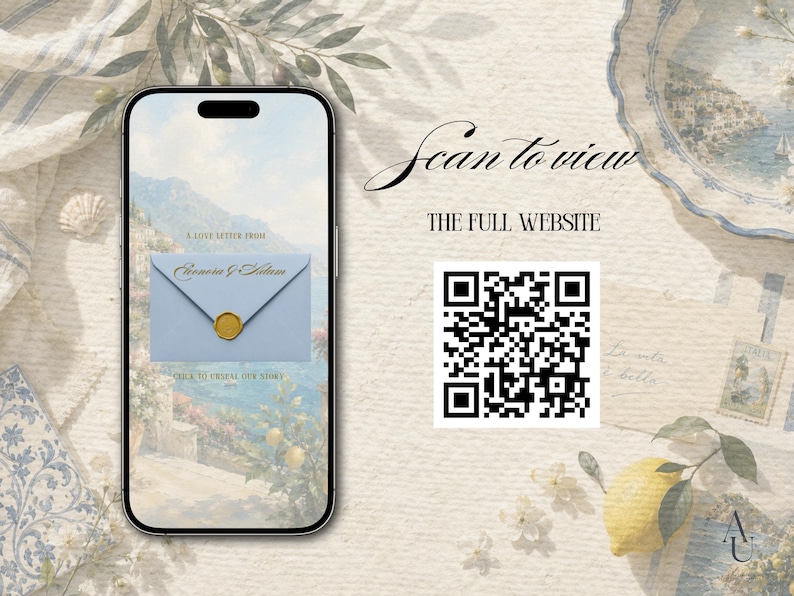 May include: A smartphone displaying a light blue envelope with a gold wax seal and the text A LOVE LETTER FROM and CLICK TO CRYSTAL OUR STORY, alongside a QR code with the text Scan to view THE FULL WEBSITE on a textured cream background.