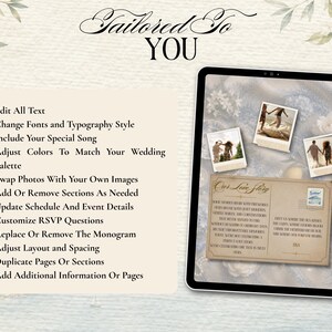 May include: A digital tablet displaying a customizable wedding invitation template with a vintage postcard aesthetic, featuring three polaroid-style photos and text titled Our Love Story, alongside a list of editable design features.