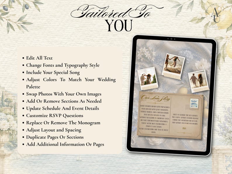 May include: A digital tablet displaying a customizable wedding invitation template with a vintage postcard aesthetic, featuring three polaroid-style photos and text titled Our Love Story, alongside a list of editable design features.