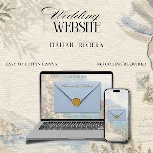 May include: A laptop and a smartphone displaying a wedding website template with a light blue envelope and gold wax seal. The screen shows the text Wedding Website, Italian Riviera, Easy to edit in Canva, No coding required, and A love letter from.