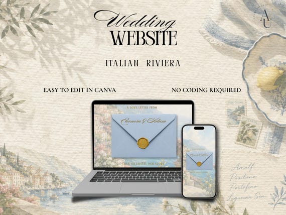 Editable Wedding Website Template, Italian Riviera Canva Wedding Invitation, RSVP Website, Mobile-Friendly, Digital Download
