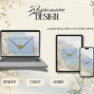 May include: A laptop, tablet, and smartphone displaying a website with the text Responsive Design and Looks Beautiful On Every Device. The screens show a light blue envelope with a gold wax seal against a coastal landscape background.
