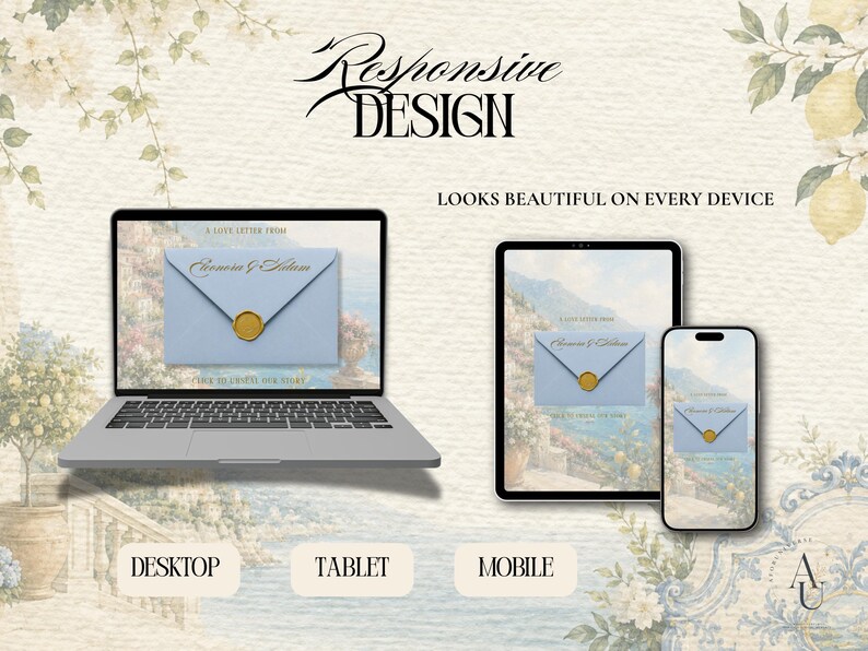 May include: A laptop, tablet, and smartphone displaying a website with the text Responsive Design and Looks Beautiful On Every Device. The screens show a light blue envelope with a gold wax seal against a coastal landscape background.