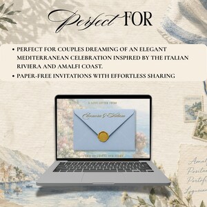 May include: A laptop screen displays a digital invitation featuring a light blue envelope with a gold wax seal. The text reads: PERFECT FOR, A LOVE LETTER FROM, Eleonora & Salam, and LIKE TO LEARN OUR STORY. The background shows a coastal landscape.