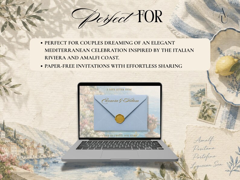 May include: A laptop screen displays a digital invitation featuring a light blue envelope with a gold wax seal. The text reads: PERFECT FOR, A LOVE LETTER FROM, Eleonora & Salam, and LIKE TO LEARN OUR STORY. The background shows a coastal landscape.