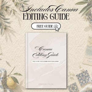 May include: A digital guide titled Canva Editing Guide with the subtitle How to edit your wedding invitation website. The cover features a pale pink abstract watercolor background. A button graphic above the guide reads Free Guide.