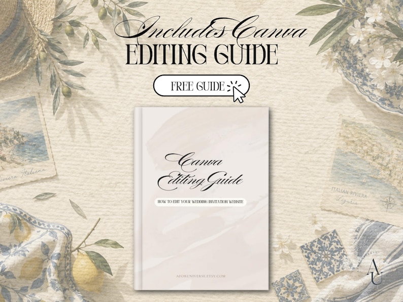 May include: A digital guide titled Canva Editing Guide with the subtitle How to edit your wedding invitation website. The cover features a pale pink abstract watercolor background. A button graphic above the guide reads Free Guide.