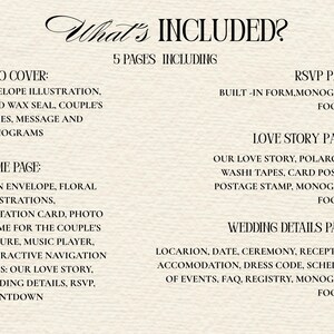 May include: A digital document titled What's Included listing 5 pages for a wedding website template. It details a hero cover, home page with navigation links, RSVP page with a form, a love story page with photo elements, and a wedding details page.