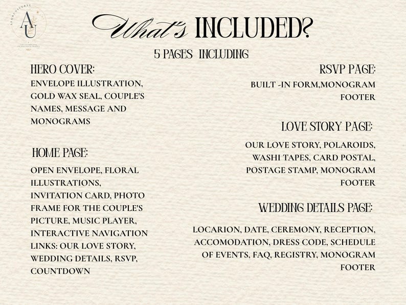 May include: A digital document titled What's Included listing 5 pages for a wedding website template. It details a hero cover, home page with navigation links, RSVP page with a form, a love story page with photo elements, and a wedding details page.