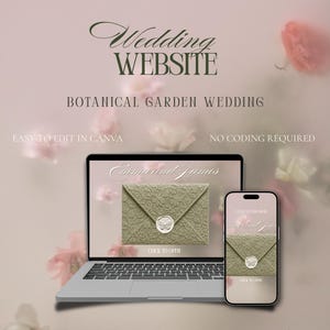 May include: A laptop and smartphone displaying a wedding website template with the text Wedding Website, Botanical Garden Wedding, Easy to Edit in Canva, No Coding Required, and Emma and James, featuring a green envelope with a butterfly wax seal.