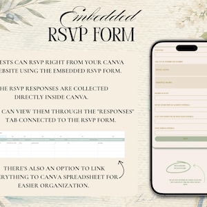 May include: A digital display showing an embedded RSVP form for a Canva website. The text explains that guests can RSVP directly, responses are collected in Canva, and data can be linked to a spreadsheet. A smartphone screen shows the form fields.