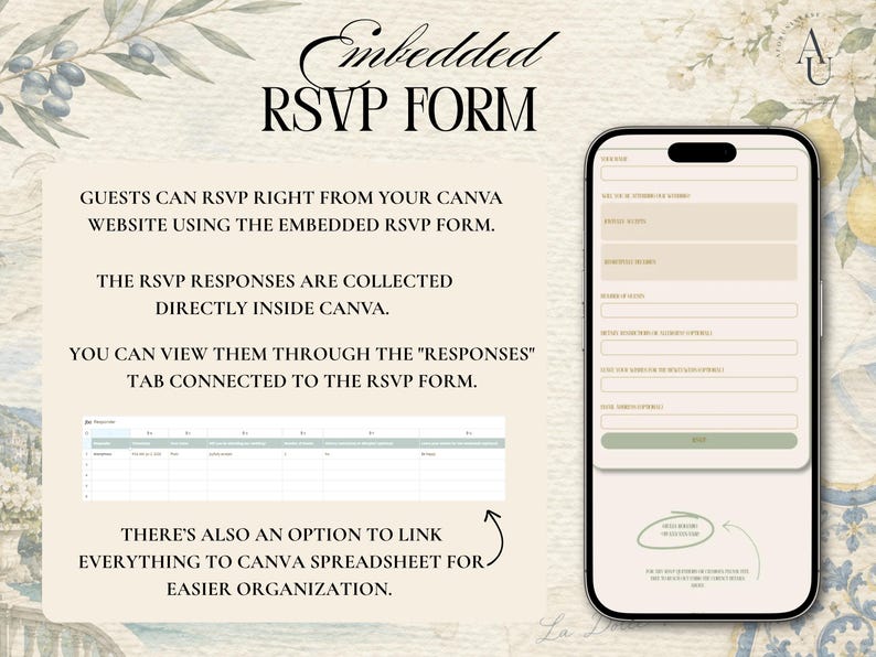 May include: A digital display showing an embedded RSVP form for a Canva website. The text explains that guests can RSVP directly, responses are collected in Canva, and data can be linked to a spreadsheet. A smartphone screen shows the form fields.