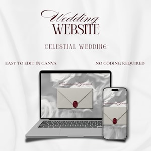 May include: A laptop and smartphone displaying a wedding website template with a white envelope and red wax seal graphic. Text includes Wedding Website, Celestial Wedding, Easy to Edit in Canva, No Coding Required, and Emma and James.