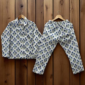 Hand Block Print Pajamas, Floral Pure Cotton Pj&#39;s, Pajamas Set, Indian Cotton, Night Wear, Soft Cotton Night Suit,Gift for her,Bridesmaid Pj