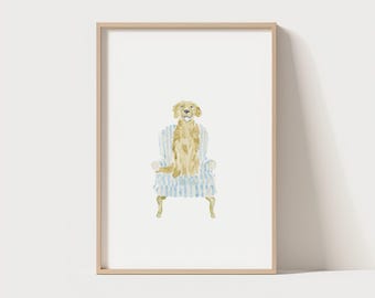 Golden Retriever Aquarell Druck | Hund Blau Gestreift Stuhl Nautische Kunst
