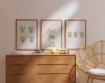 Tulpe Aquarell Print Set: Minimalistische Blumen Wandkunst