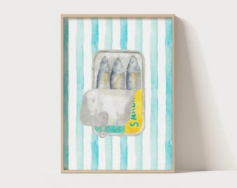 Blauer Fisch Druck: Sardinen Aquarell Kunst