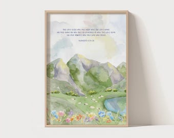 Christliche Bergwandkunst | Aquarelldruck mit Wildblumenschafen | Segen aus Numeri 6,24
