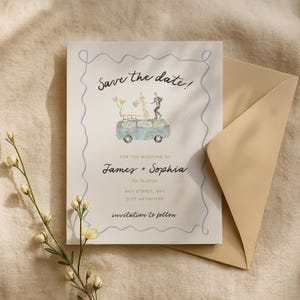 Skurril Aquarell Save the Date | VW Bus Paar Illustration | Digitale Hochzeitsanzeige Download | Canva Vorlage | Einladung