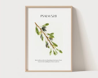 Olive Branch Watercolor Scripture Print | Psalm 52:8 Wall Art | Christian Botanical Decor | Faith-Based Home | Bible Verse Illustration