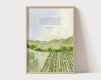 Psalm 121: 1-2 Aquarell Druck, Meine Hilfe kommt vom Herrn, Schriftkunst, Grüne Weiden, Himmel und Erde, Schriftkunst