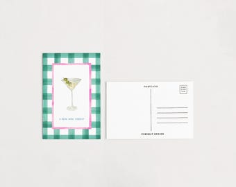 Martini Postkarte | Schneckenpost Cheers | Wunderliche Aquarell Kunst | Grün Kariertes Design | Freundschafts-Gruß-Karte | Ferngeschenk
