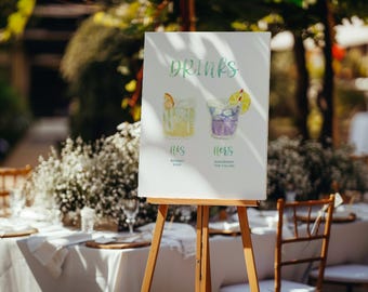 Custom Watercolor Wedding Drinks Menu | Hand-Painted Signature Cocktails | Personalized Bar Sign | Digital Download