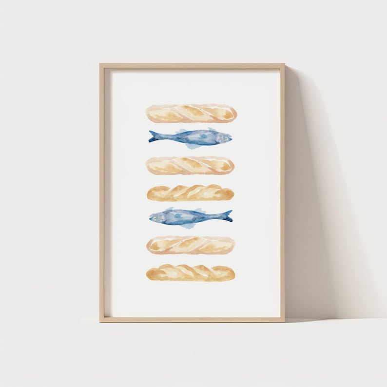 Watercolor Print: Jesus Feeding 5000, Christian Scripture Art