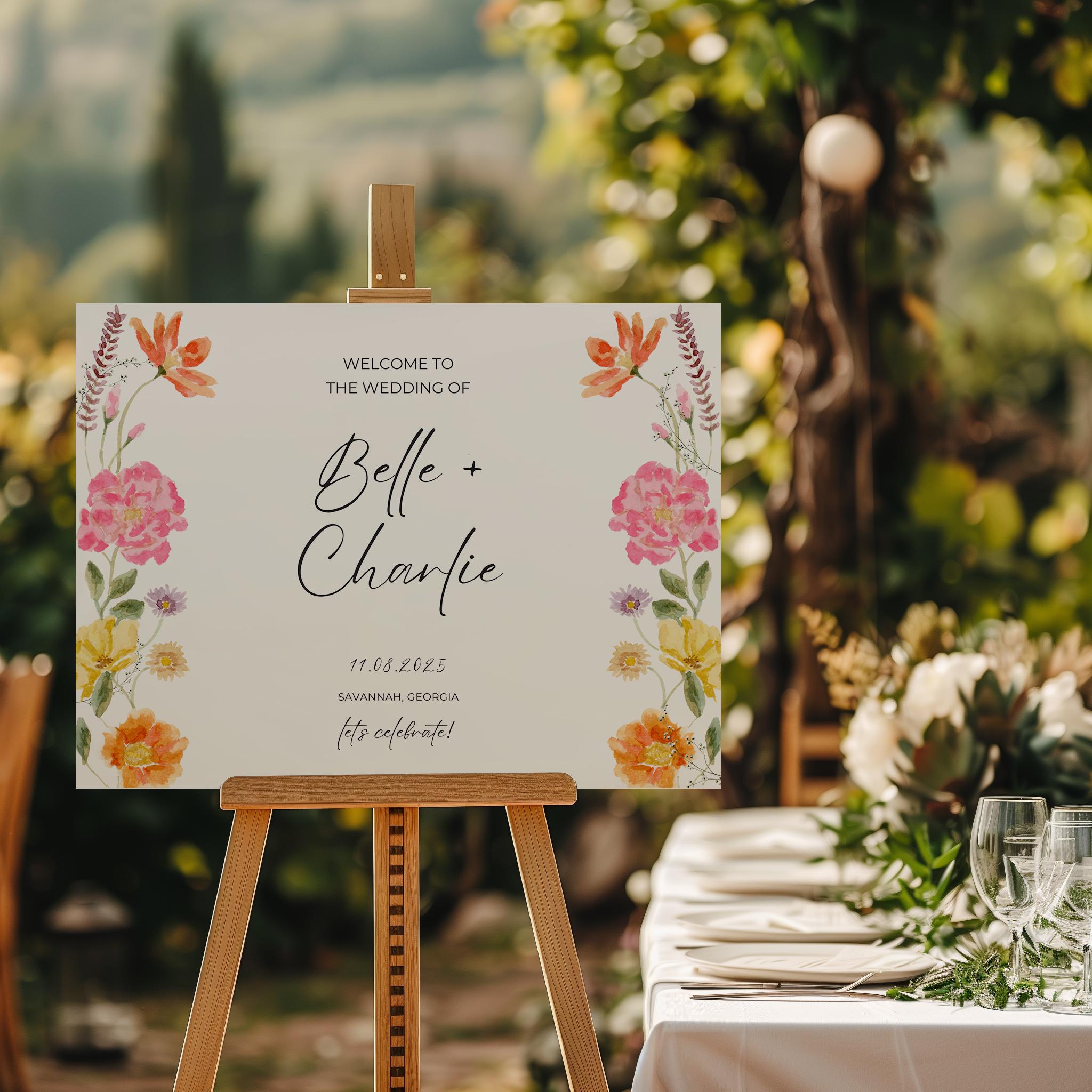 Watercolor Floral Wedding Welcome Sign: Editable Template (Digital Download, 18x24 Vertical/Horizontal Resizable)
