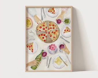 Aquarell-Kunstdruck für eine Dinnerparty | Wandbild für die Küche | Elegante Tischdekoration | Festliche Pizza-Feier | Restaurant-Illustration
