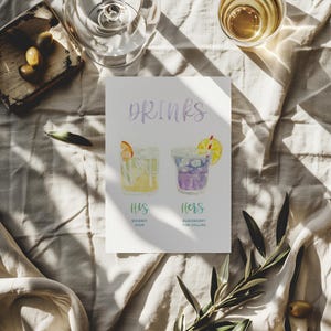 Cardápio de bebidas personalizado em aquarela para casamento | Coquetéis exclusivos pintados à mão | Placa de bar personalizada | Cardápio impresso