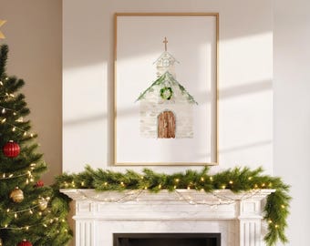 Aquarell Weihnachtskapelle Print: Festliches Feriendorf Art