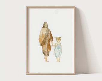 Aquarelldruck: Jesus hält ein kleines Mädchen an der Hand, christlicher Glaube Druck
