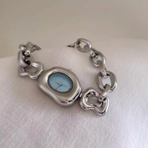 Chunky Chain Bracelet Watch with Abstract Case Design in Gold or Silver
