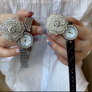 Pearl Flower Watch for Women – Luxury Rhinestone Leather Strap Timepiece | Cute Aesthetic Wristwatch Gift for Her