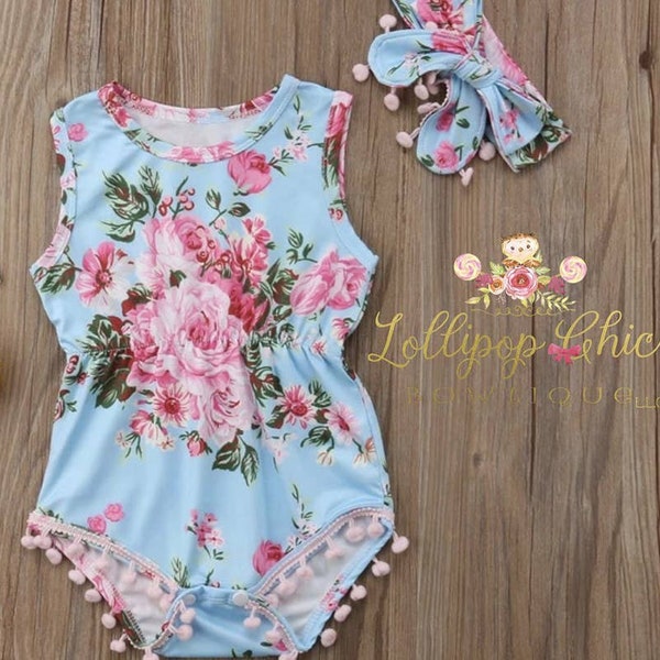 Spring Floral summer baby Romper bodysuit with bow headband