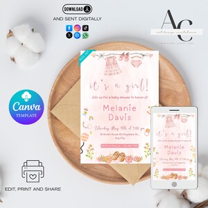 Pink Baby Shower Invitation: It&#39;s a Girl, Boho Theme (Editable Canva Template, Instant Download)