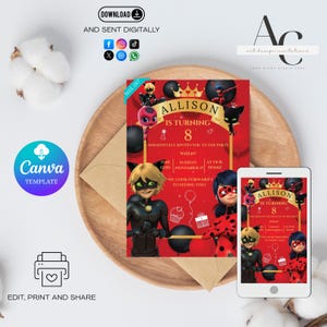Miraculous: Tales of Ladybug & Cat Noir-uitnodiging | Schattige cartoonsjabloon voor kinderfeestje | Bewerkbare canvas-evite | Direct downloaden