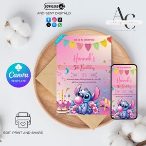 Faire-part d'anniversaire Stitch fille | Lilo rose et Stitch Party Evite | Modèle de toile modifiable | Téléchargement instantané