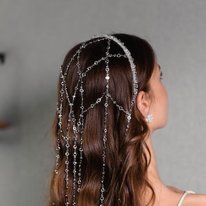 Bridal Hair Veil with Crystal Strands, Wedding Hair Jewelry, Rhinestone Hair Vine, Elegant Bridal Headpiece, Boho Bride