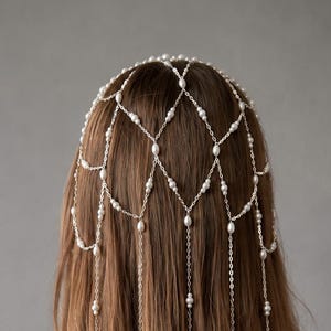 Pearl Hair Net, Bridal Hair Chain, Wedding Headpiece, Pearl Head Chain, Bridal Hair Jewelry, Silver Hair Drape, Boho Bride Headpiece